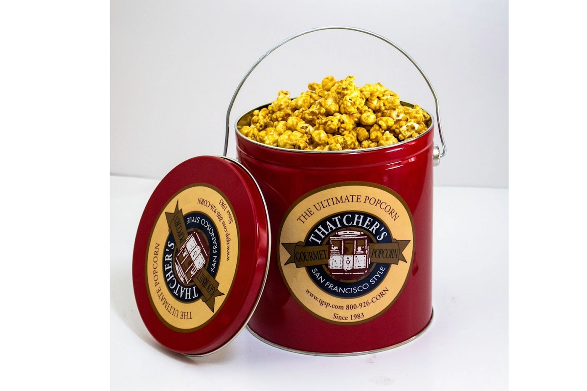 スワン&ターキー　バングルとポンポンフロート 2 Gallon Golden Popcorn Tin with 1 Savory and 1 Candy Flavor
