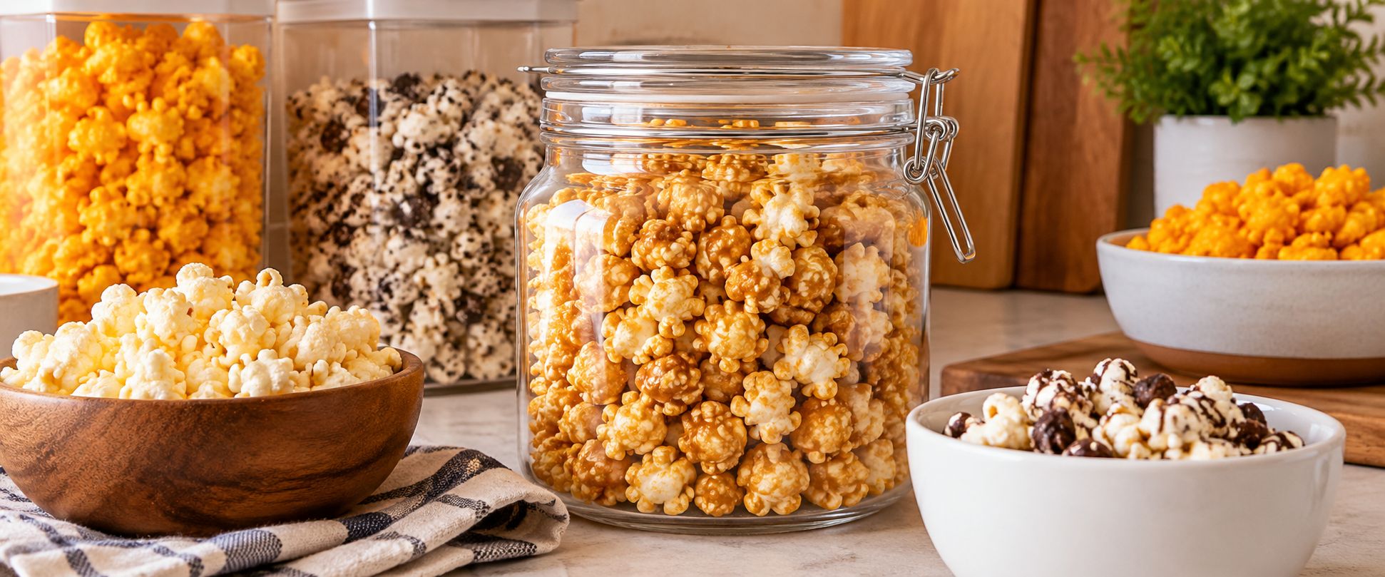 Gourmet popcorn stored in airtight jars and bowls to help keep it fresh and crunchy