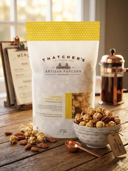 Thatcher's Artisan Popcorn bag with caramel corn and nuts on a wooden table.