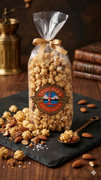 Bag of Hatchet's popcorn with almonds on a dark slate surface