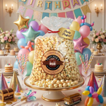 Birthday celebration table with a large bag of popcorn, balloons, and decorations.