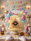 Birthday celebration table with a large bag of popcorn, balloons, and decorations.