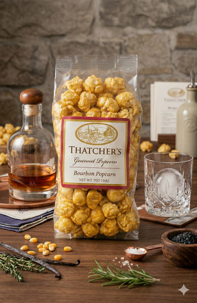 Thatcher's Bourbon Gourmet Popcorn - 7 oz. Bag. Artisanal caramel popcorn infused with rich bourbon flavor. A unique and sophisticated sweet treat from Thatcher's Gourmet Popcorn.