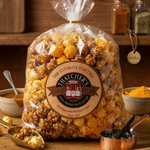 Bag of Thacher's Popcorn with a wooden background and kitchen items.