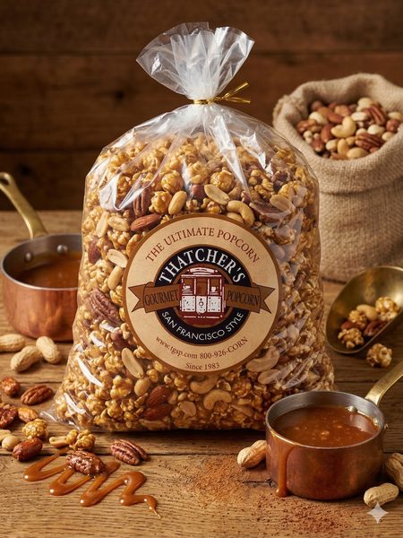 Bag of Thatchers Gourmet Popcorn with nuts and caramel on a wooden surface