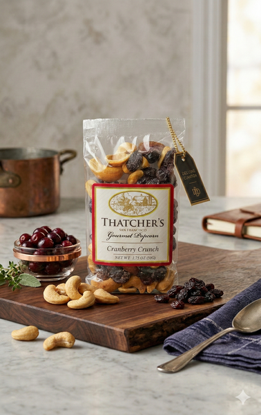 Bag of Thatcher's Cranberry Crunch on a wooden cutting board with nuts and cherries.