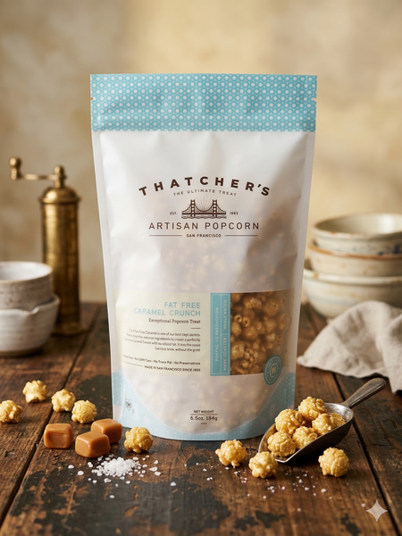 Bag of Thatcher's Artisan Popcorn on a wooden table with popcorn and caramel candies.