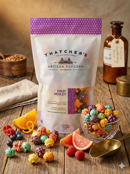 Thatcher's Artisan Popcorn Fruit Medley bag on a wooden table with popcorn and fruits.