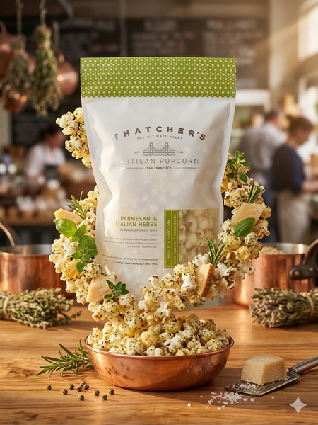 Hatcher's Parmesan & Italian Herbs popcorn in a decorative wreath on a wooden table.