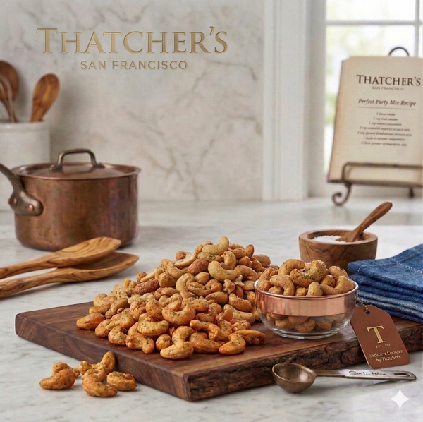 Gemini said
"A large pile of herbed, roasted cashews, almonds, and dried fruits is presented on a live-edge wooden cutting board on a marble countertop, alongside a copper-ringed glass bowl of the same mix. The scene includes various kitchen tools like a copper pot, olive wood spoons, a salt cellar, a blue linen napkin, and a copper measuring spoon. Background features include 'THATCHER'S SAN FRANCISCO' branding and a recipe booklet, emphasizing a gourmet, curated kitchen and snack experience."