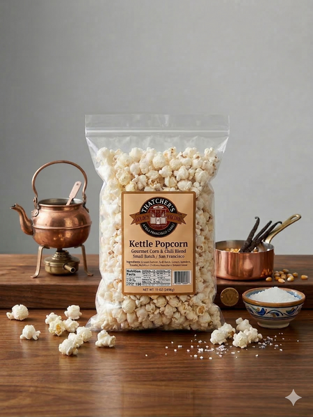 Bag of Taster's Choice kettle popcorn on a wooden table with a copper kettle and small bowl.