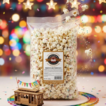 Bag of popcorn with a label on a colorful background