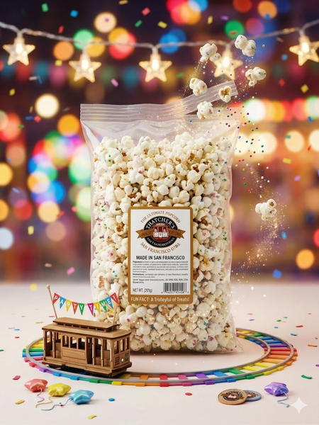 Bag of popcorn with a label on a colorful background