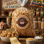 Bag of Thatcher's popcorn with a vintage circus theme on a wooden table.