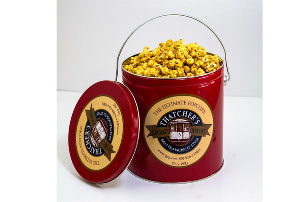 Expensive Popcorn 2 Gallon Golden Popcorn Tin with 1 Savory and 1 Candy Flavor