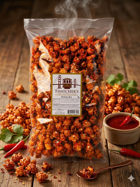 Bag of Thatcher's Sriracha popcorn on a wooden surface with additional popcorn and red peppers.